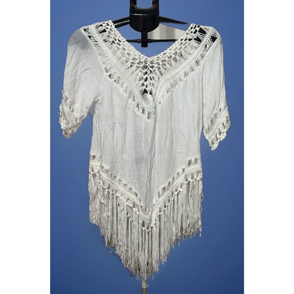VIVID Boho Crochet Fringe White Tunic Shirt Top Swim cover Size XL
